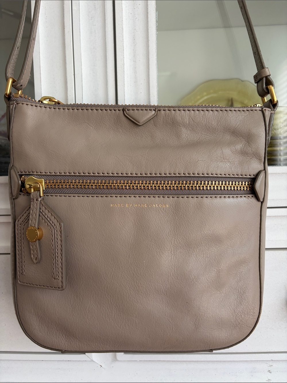 Marc by Marc Jacobs Taupe Leather Crossbody Bag with Front Zip Pocket
